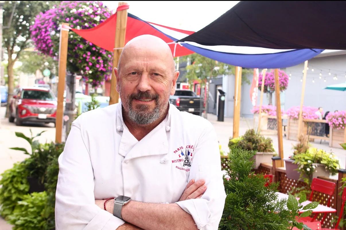 Chef Thierry Clement, owner of Paris Crêpes Café, on the patio at 4613 Queen Street, Niagara Falls, Ontario