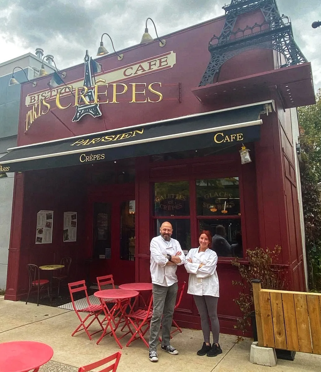 Chef Thierry Clement and head chef Jennifer outside Paris Crêpes Café on Queen Street, Niagara Falls