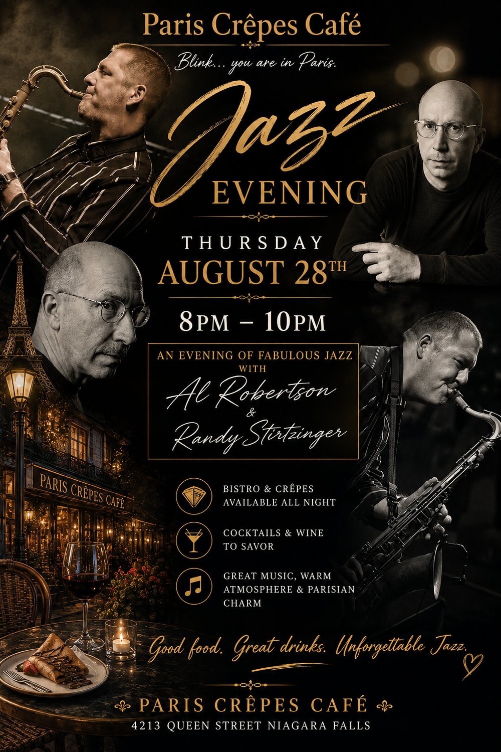 Jazz Evening with Al Robertson and Randy Stirtzinger, Thursday August 28 from 8 to 10 PM at Paris Crêpes Café