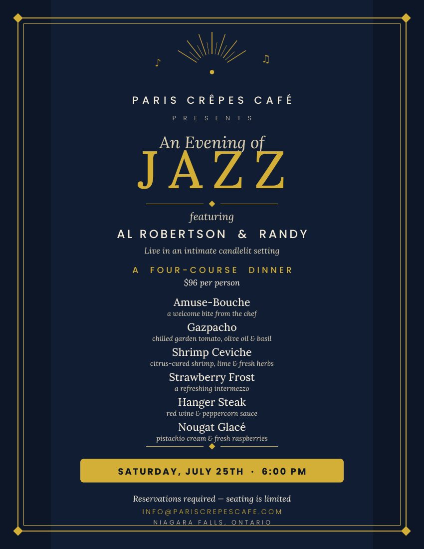 An Evening of Jazz — Paris Crêpes Café presents Al Robertson & Randy Stirtzinger, four-course dinner $125 per person, Saturday July 25 at 6 PM